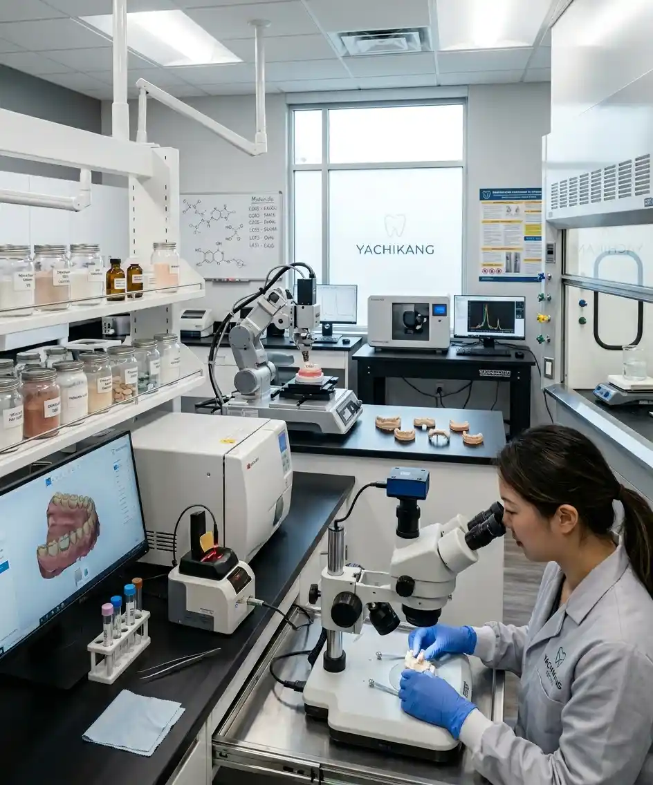 Technician performing quality inspection at Yachikang, a lab offering dental lab outsourcing services