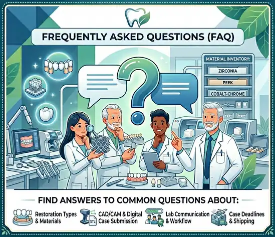 FAQ illustration for Yachikang Dental Lab covering restoration materials, CAD/CAM submission, and shipping